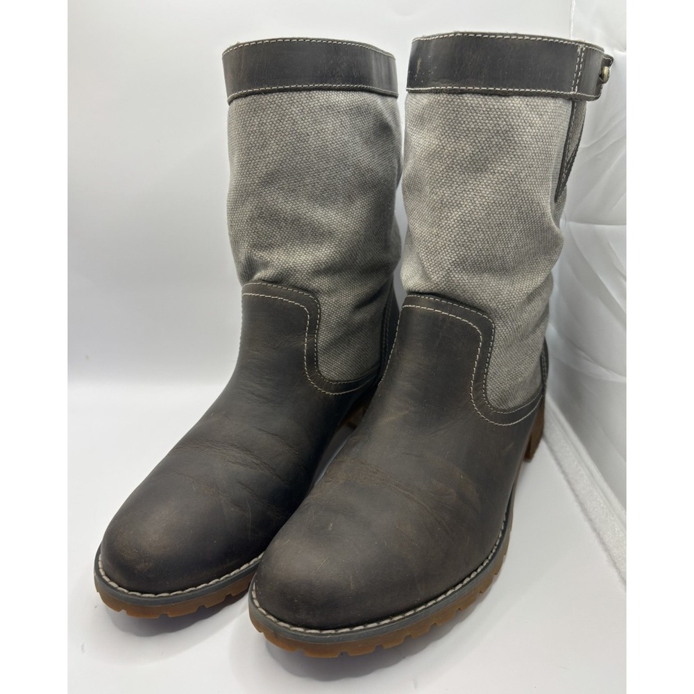 TIMBERLAND Womans Boots Wenham Mid Pull on Leather Canvas - Size 7.5 Brown Gray